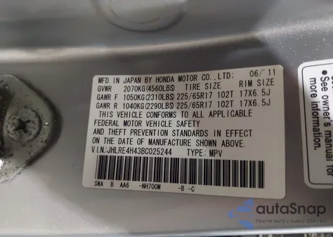 2011 Honda Cr-V Se z USA, uszkodzony, nr VIN JHLRE4H43BC025244